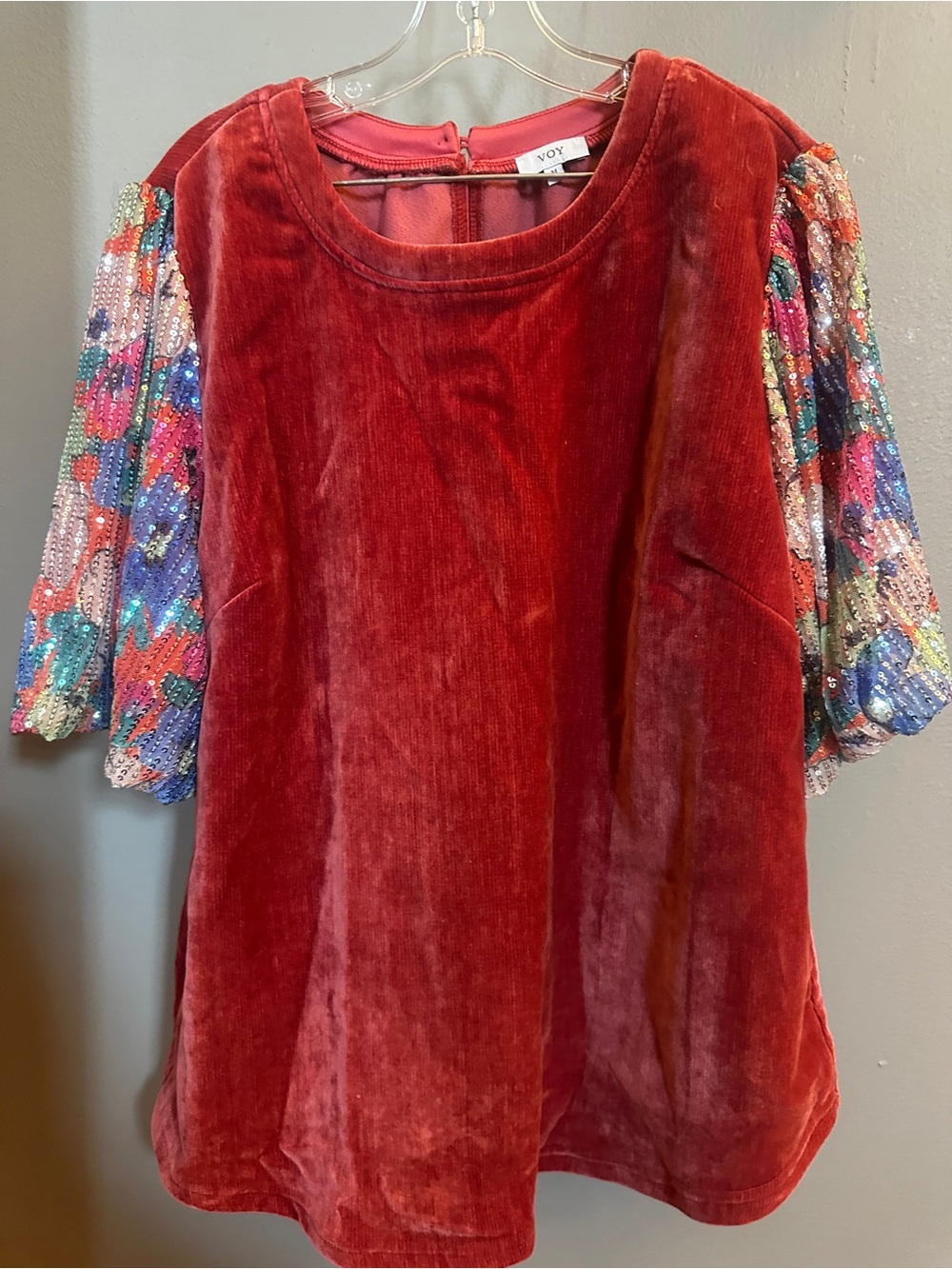 Voy Red Velvet Top with Multicolor Sequin Puff Sleeves